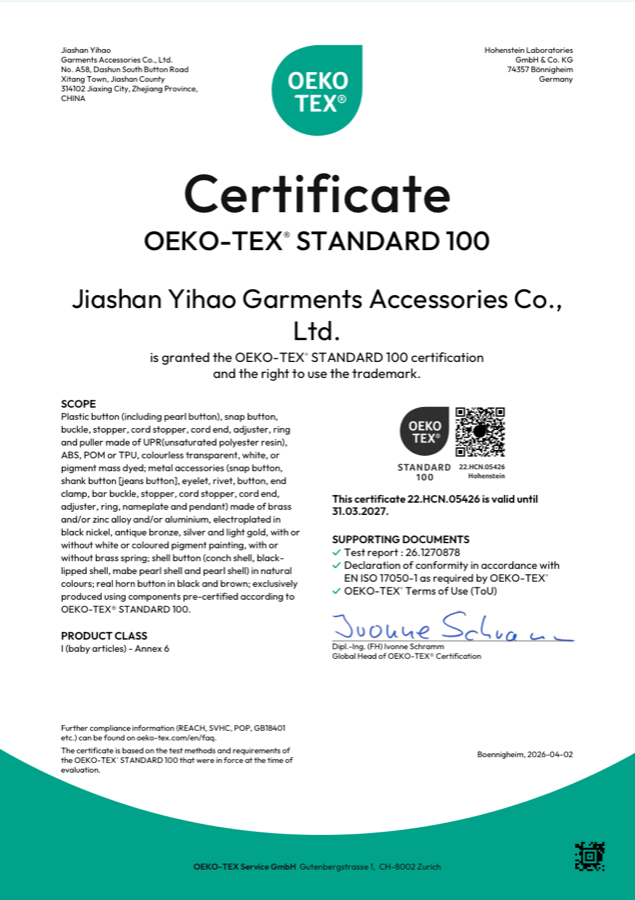 OEKO-TEX Standard 100 certificate for Jiashan Yihao Garments Accessories Co., Ltd.
